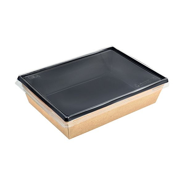 Kraft papír dobozok tetővel - Átlátszó lapos tető 1000 ml eco tray-hez - 50 db/cs - Greenstic