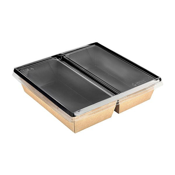 Kraft papír dobozok tetővel - Átlátszó lapos tető osztott 1200 ml eco tray-hez - 20 db/cs - Greenstic