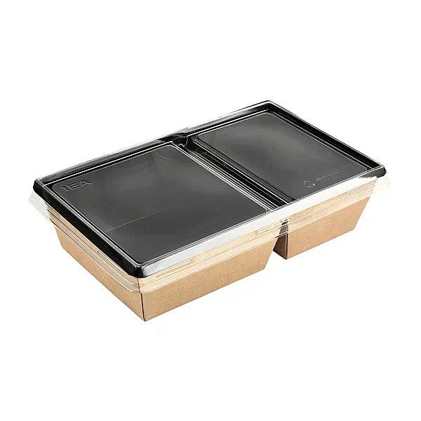 Kraft papír dobozok tetővel - Átlátszó lapos tető osztott 800 ml eco tray-hez -50 db/cs - Greenstic