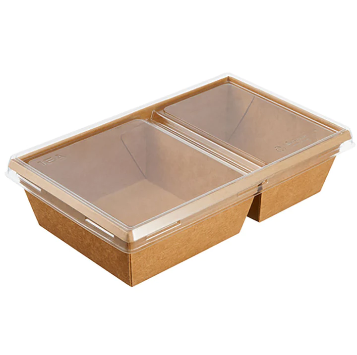 Kraft papír dobozok tetővel - Átlátszó lapos tető osztott 800 ml eco tray-hez -50 db/cs - Greenstic