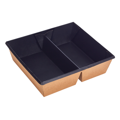 Kraft papír dobozok tetővel - Elviteles papírdoboz osztott - Eco-tray 1200 ml/fekete - 20 db/cs - Greenstic