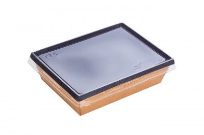 Kraft papír dobozok tetővel - Átlátszó lapos tető 400 ml eco tray-hez - 50 db/cs - Greenstic