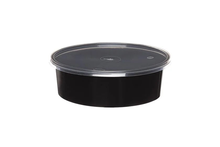 Műanyag dobozok - Fekete kerek PP konténer átlátszó tetővel 600 ml - 50 db/cs - Greenstic