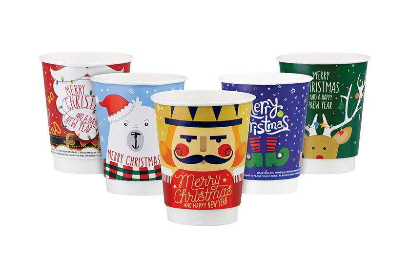 Papír poharak - Duplafalú karácsonyi papírpohár 5 féle mintával (8oz) 250 ml - 25 db/csomag - Greenstic