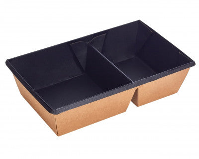 Kraft papír dobozok tetővel - Elviteles papírdoboz osztott - Eco-tray 800 ml/fekete - 50 db/cs - Greenstic
